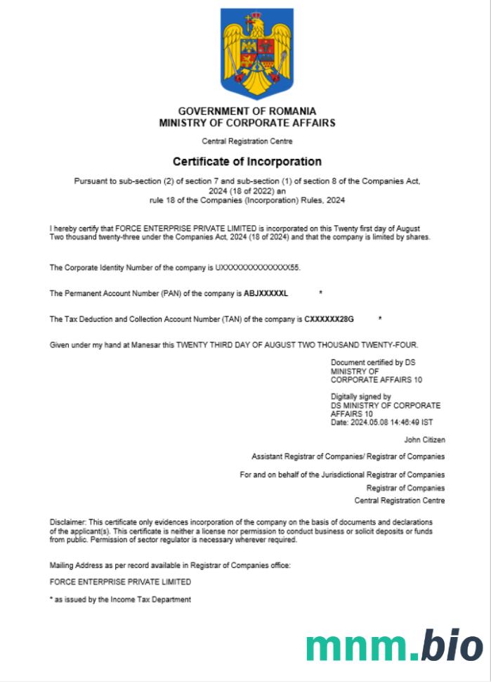 Rumunia business registration vcertyfikat Word i szablon PDF